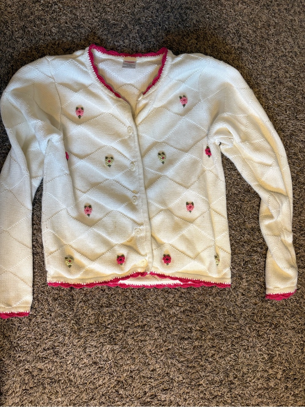Gymboree Cream Knit Cardigan with Pink Trim & Floral Embroidery